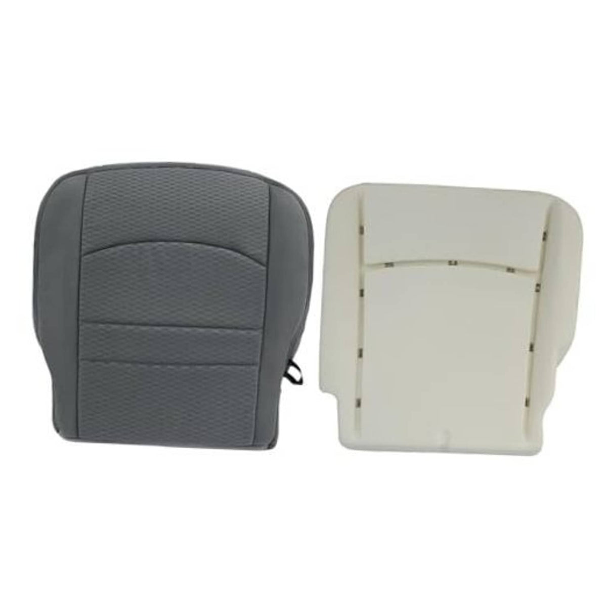 Gray cloth seat cover with foam cushion for driver-side bottom, front view.