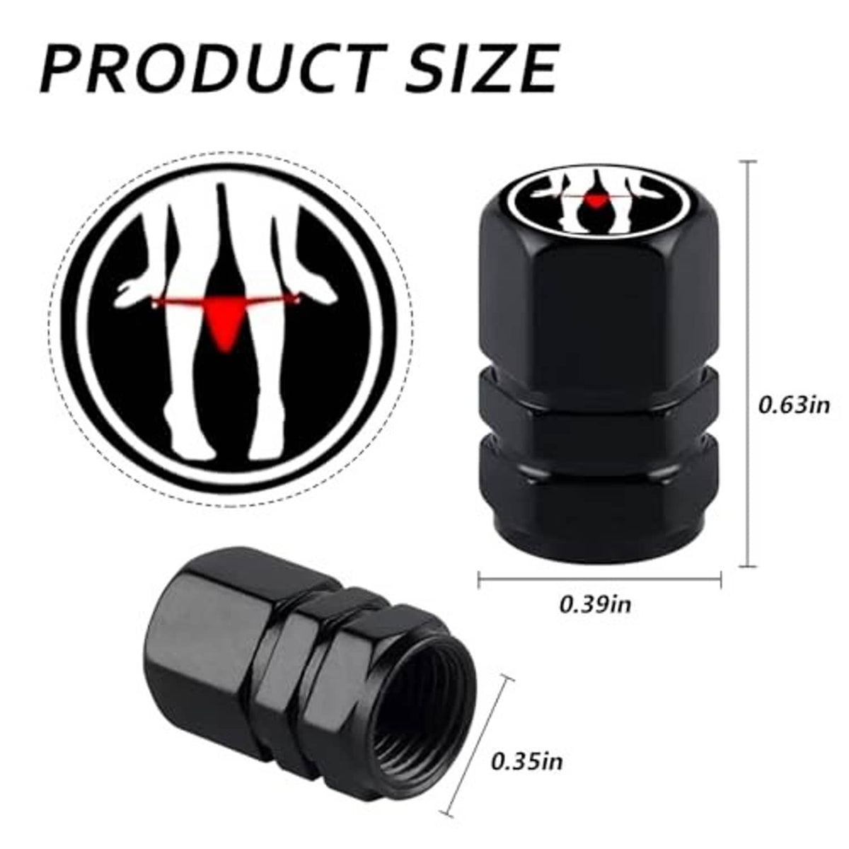 Black tire valve cap set size view with red flame emblem on the round top.