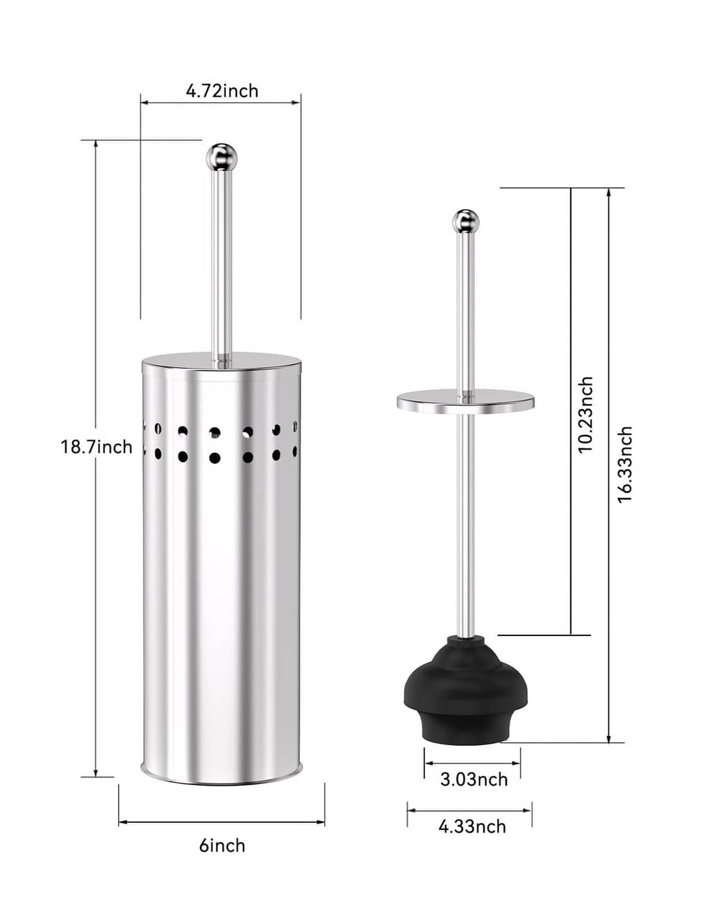Chrome toilet plunger holder with dimensions, canister and black rubber plunger head