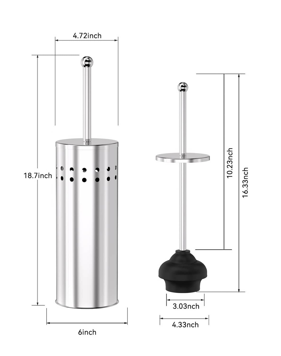 Chrome toilet plunger holder with dimensions, canister and black rubber plunger head