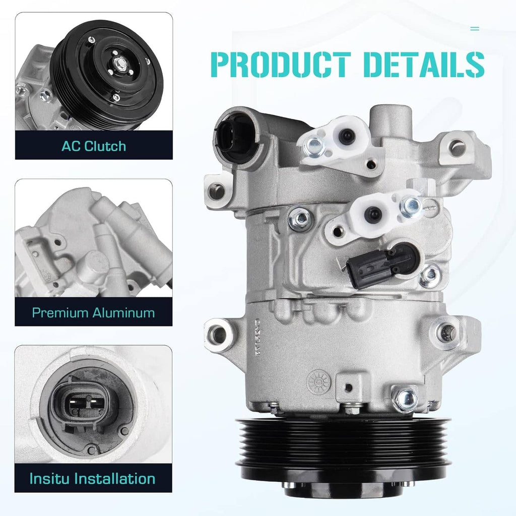 A/C air compressor with black pulley and gray aluminum body, front three-quarter view