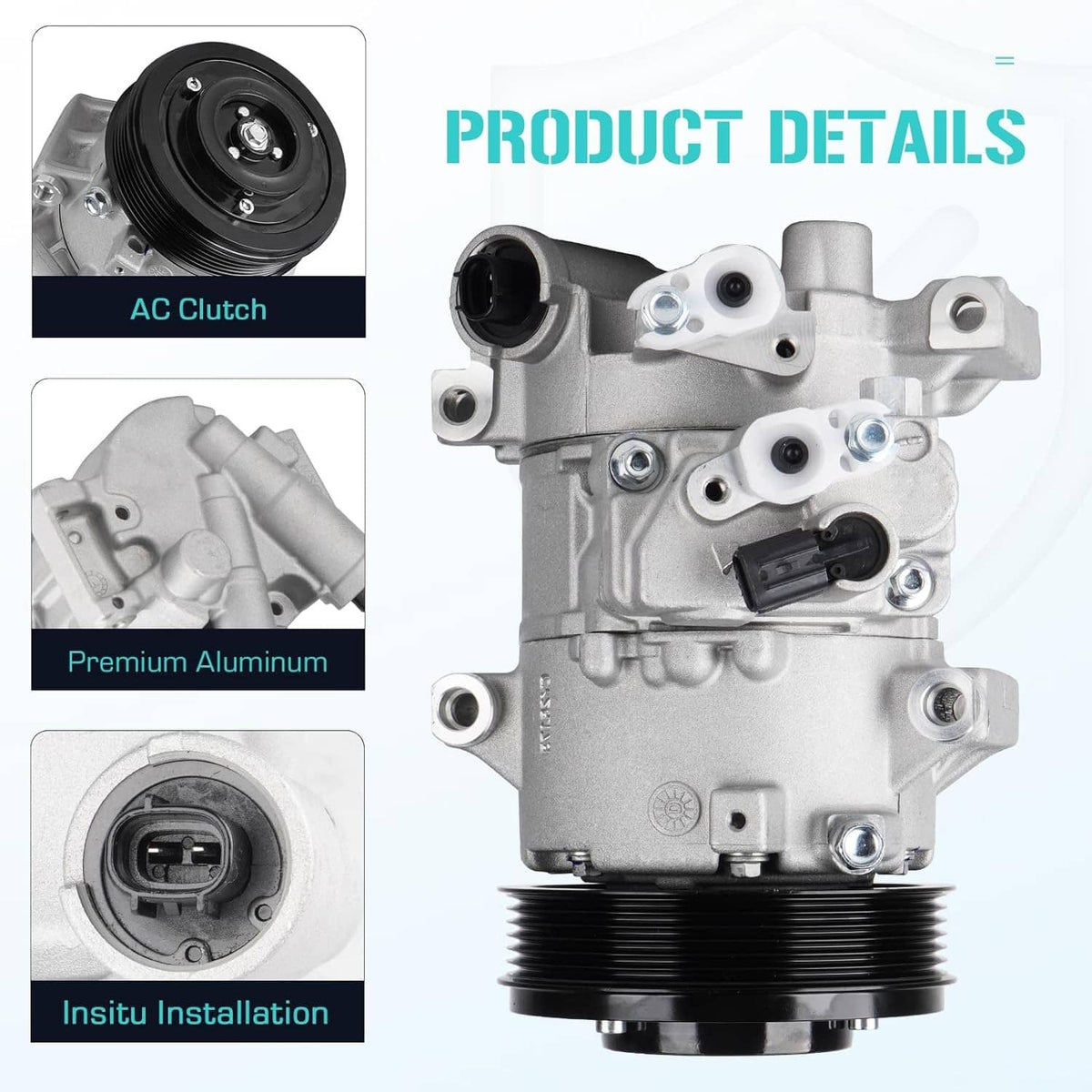 A/C air compressor with black pulley and gray aluminum body, front three-quarter view