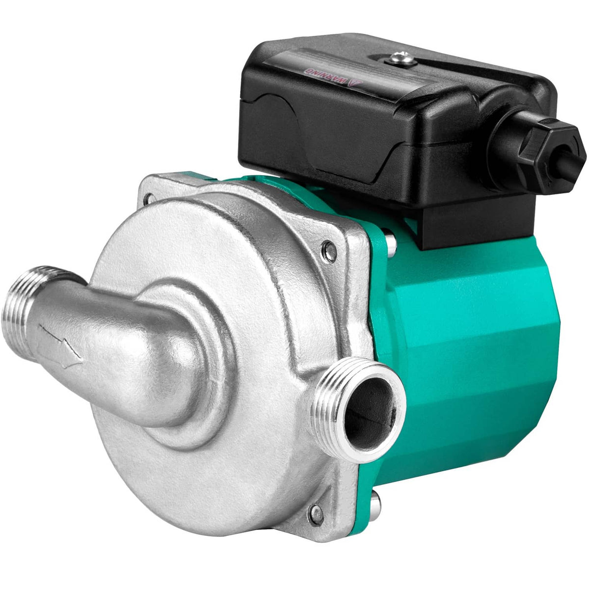 Hot water circulation pump with teal housing and silver front volute, outlet and inlet ports