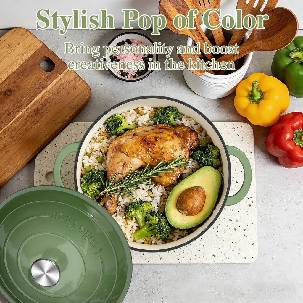 Sage green enameled cast iron Dutch oven with lid, serving meal on countertop