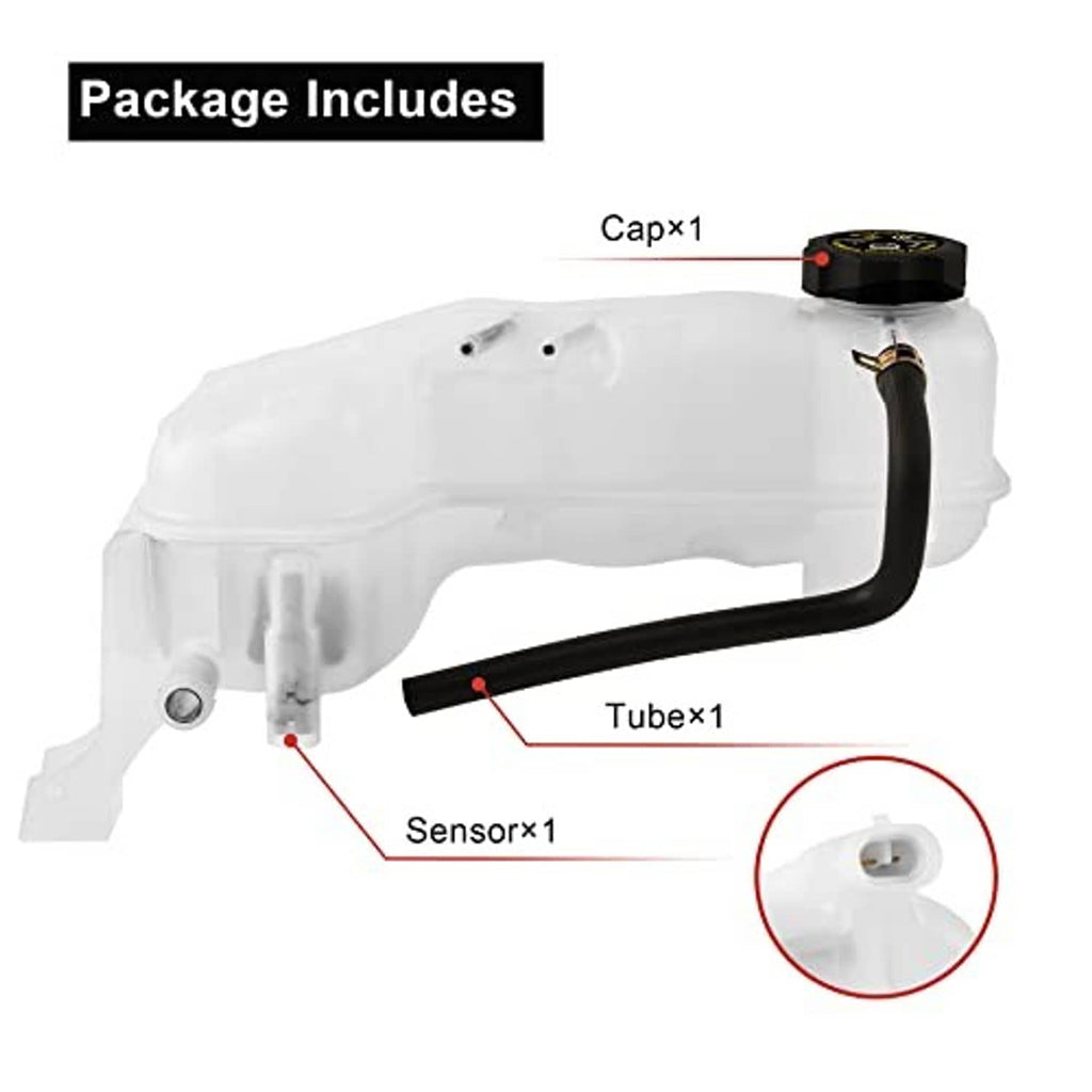 White coolant reservoir overflow tank with black cap and black hose, plus sensor component