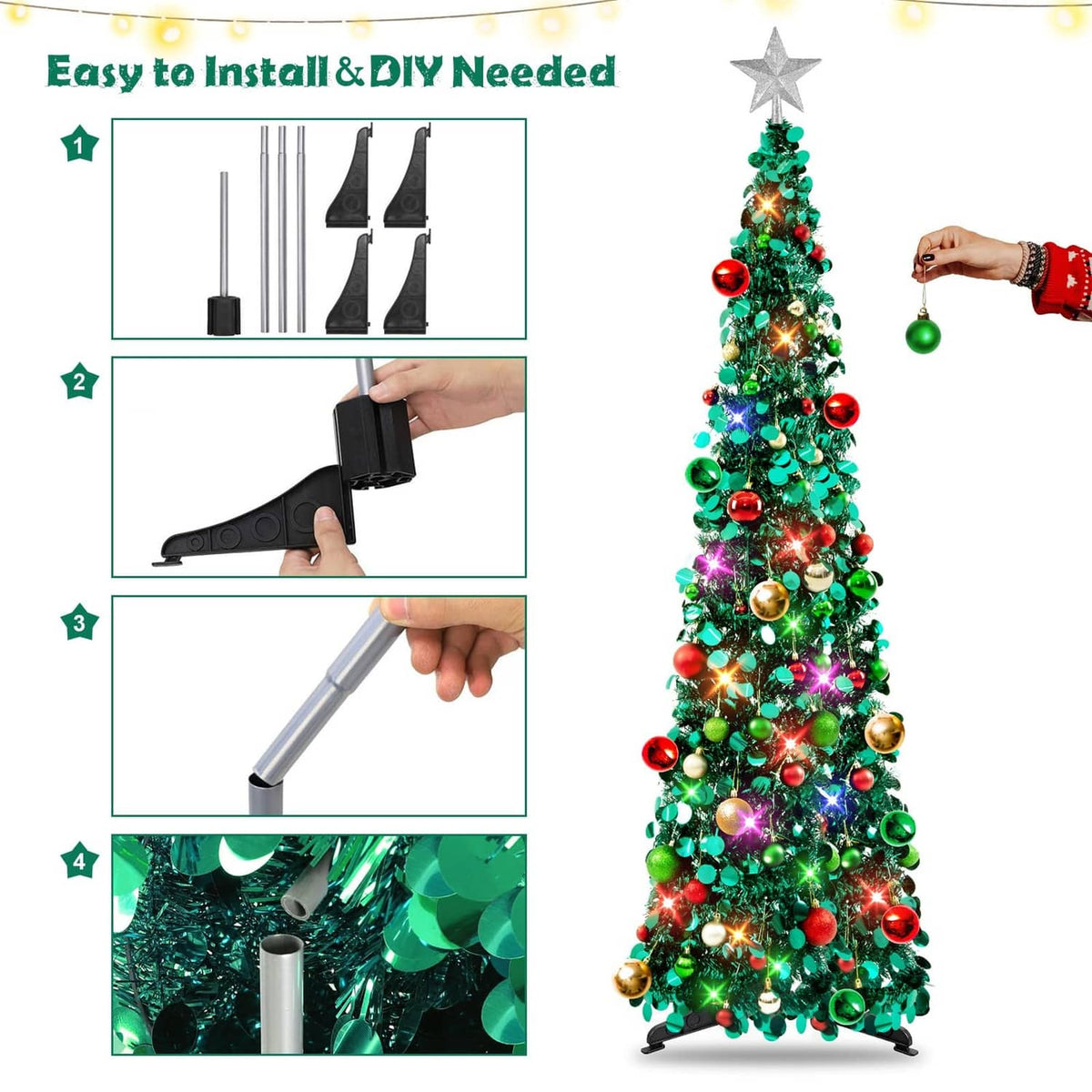 Prelit Christmas tree with star topper, green branches and multicolor light bulbs