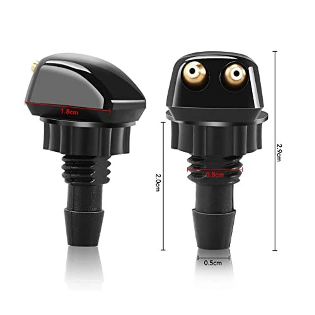 Black windshield washer nozzle with dual brass ports, shown with size markings