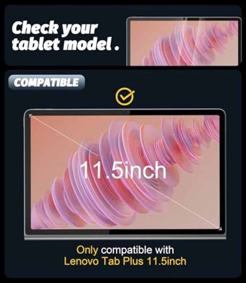 11.5-inch tempered glass screen protector compatibility graphic for Lenovo Tab Plus