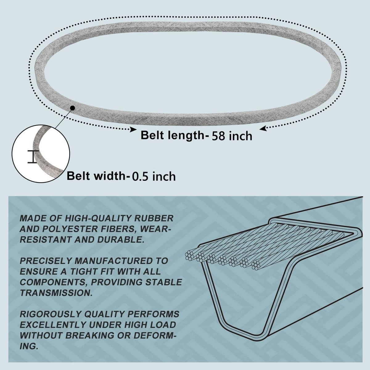 Holdly mower drive belt diagram, gray speckled loop, 58 in length, 0.5 in width