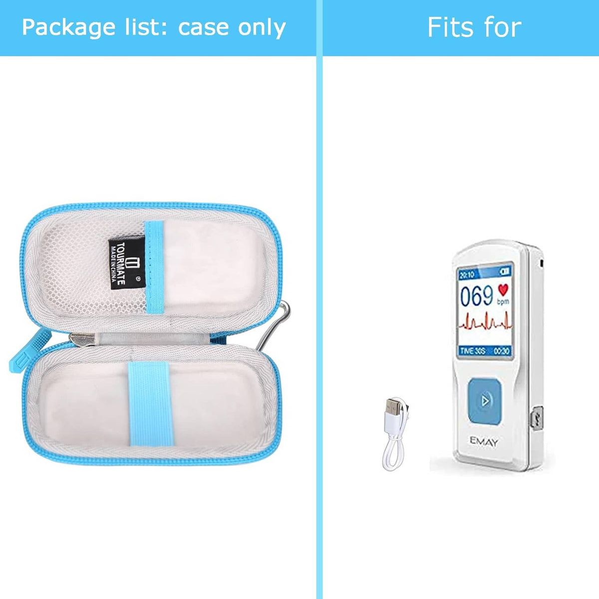 Hard case replacement pouch with blue strap and molded interior compartments, open