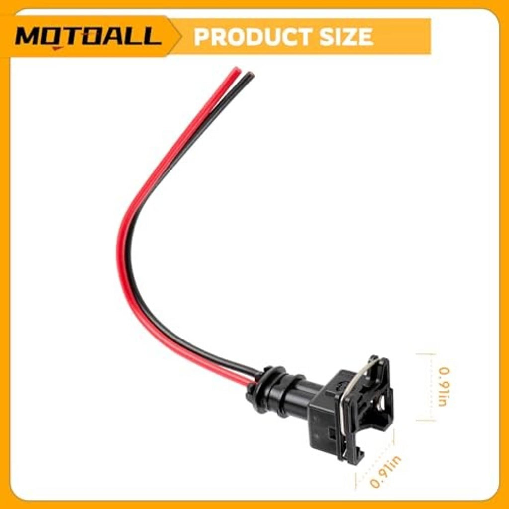 Fuel injector wiring connector with two red wire leads and a black plug body