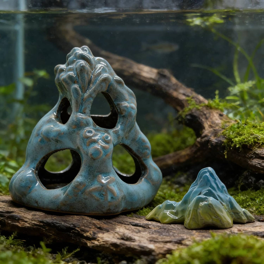 Blue ceramic cave ornament beside small green ceramic mountain hideout
