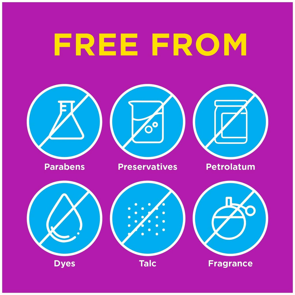 Purple 'Free From' label with icons for parabens, preservatives, petrolatum, dyes, talc