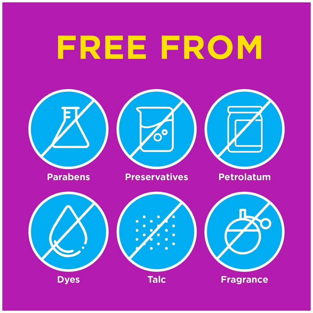 Purple 'Free From' label with icons for parabens, preservatives, petrolatum, dyes, talc
