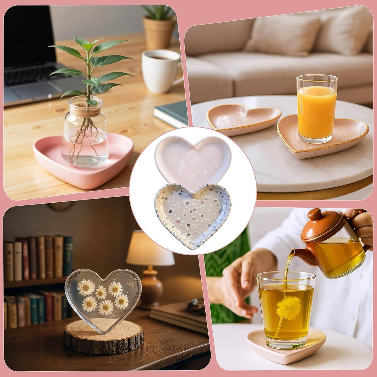 Heart resin trays in pastel colors, with close-up of a speckled heart insert