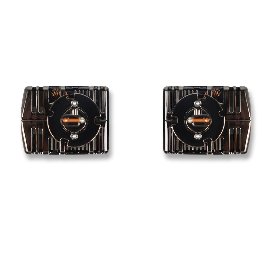 Back view of D5S LED headlight bulbs with vented circular housing and contacts
