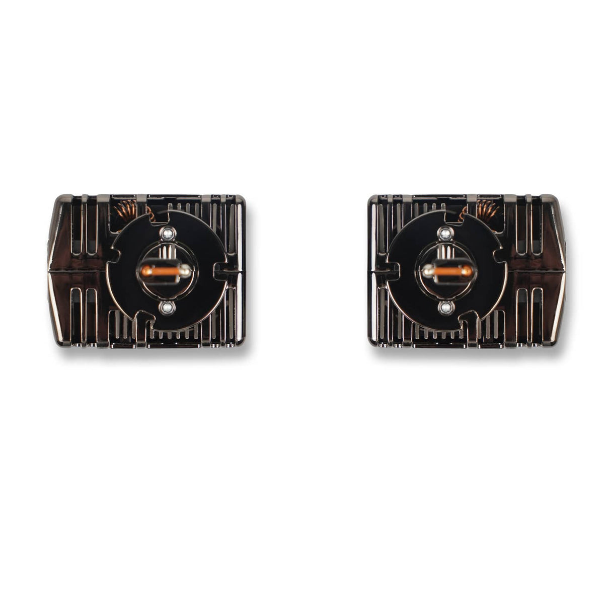 Back view of D5S LED headlight bulbs with vented circular housing and contacts