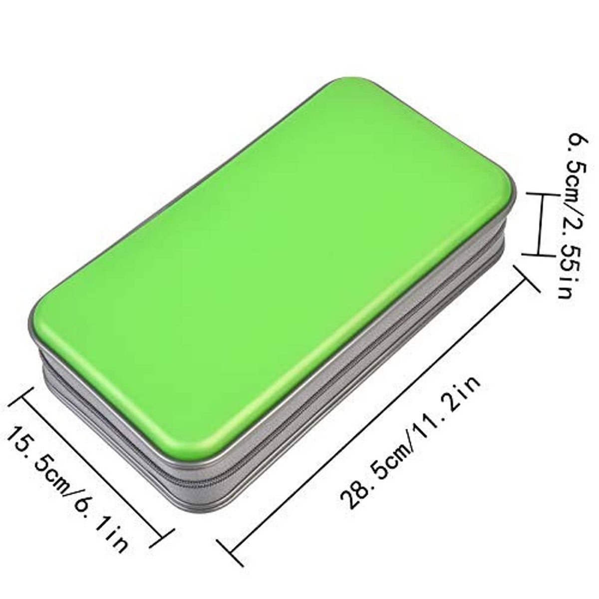 Green hard plastic CD case with gray zipper edge, rectangular compact design