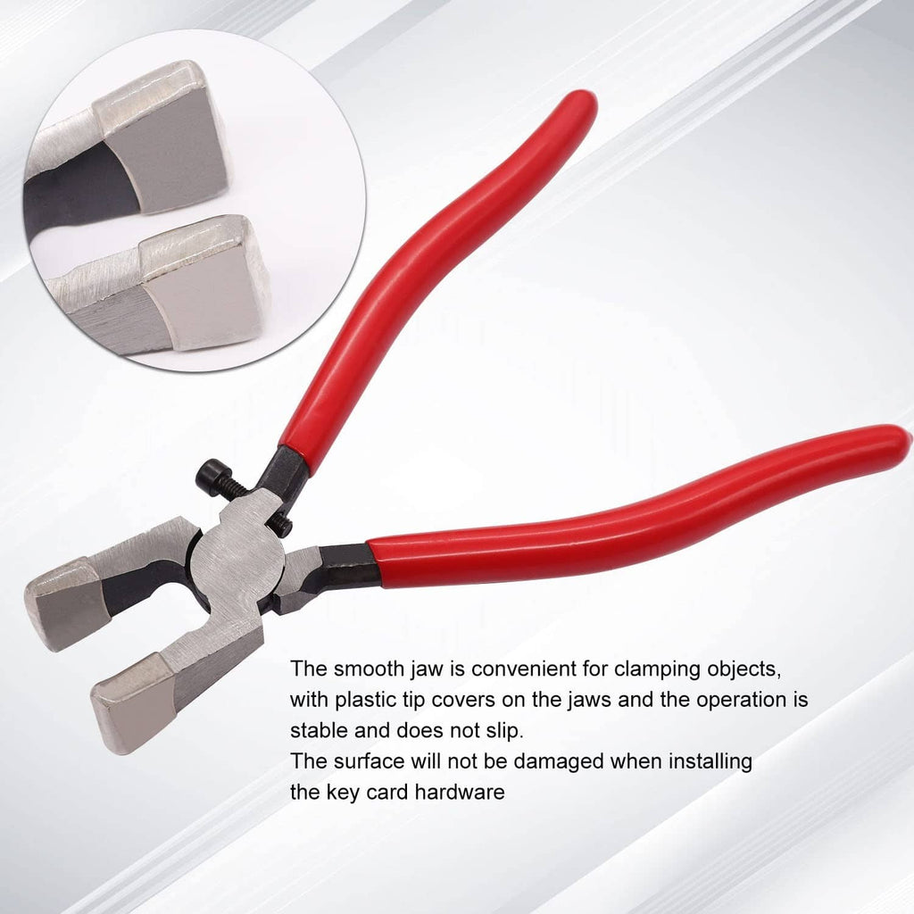 Key fob clamp pliers with red handles and silver jaw close-up
