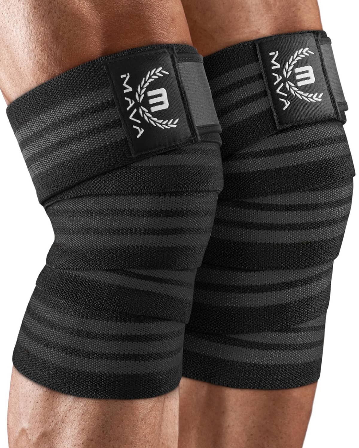Black Mava knee wraps (pair) with striped compression bands on knees