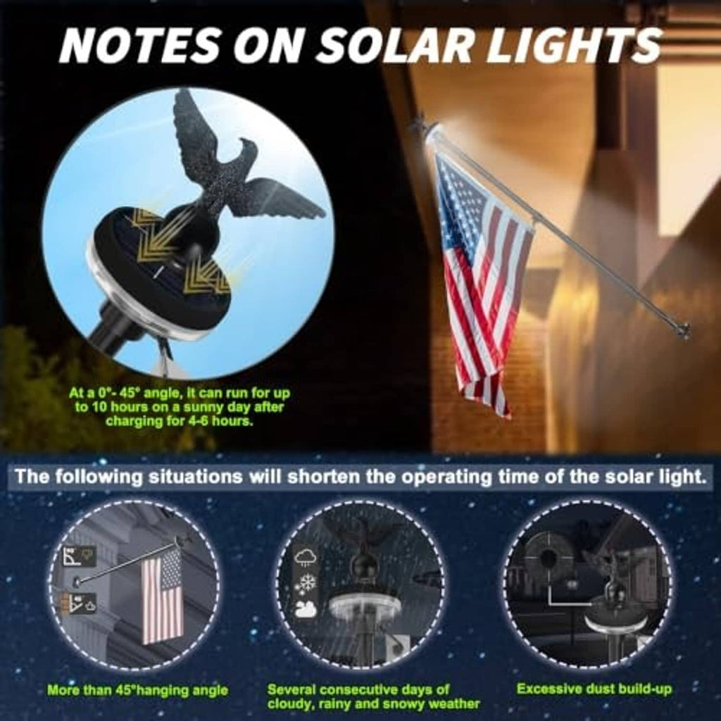 Black solar flagpole light with bird finial and hanging American flag