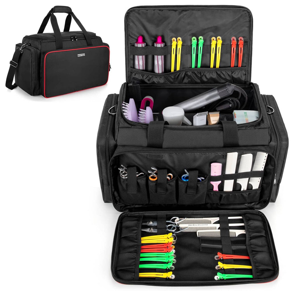 Black hairdresser tool bag with adjustable dividers, open compartments for tools