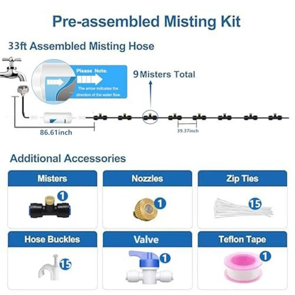 Pre-assembled misting kit diagram with 9 nozzles, hose length, and included accessories