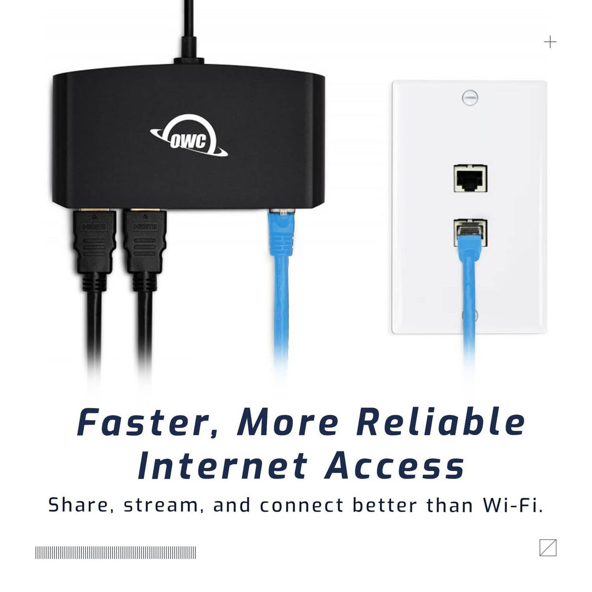 Black Thunderbolt mini dock with connected cables and visible side ports