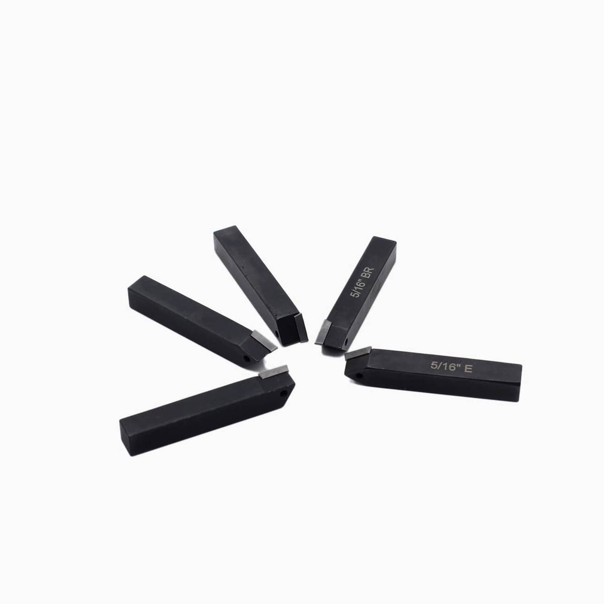 Five black 5/16-inch lathe tool holders arranged in a star-like layout