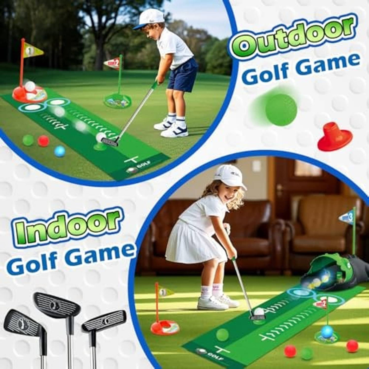 Kids toy golf set with green play mat, dinosaur ball returner, and toy golf clubs