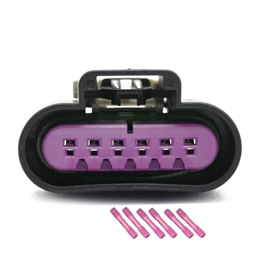 6-pin wiring connector with purple face, black frame, and spare purple terminals
