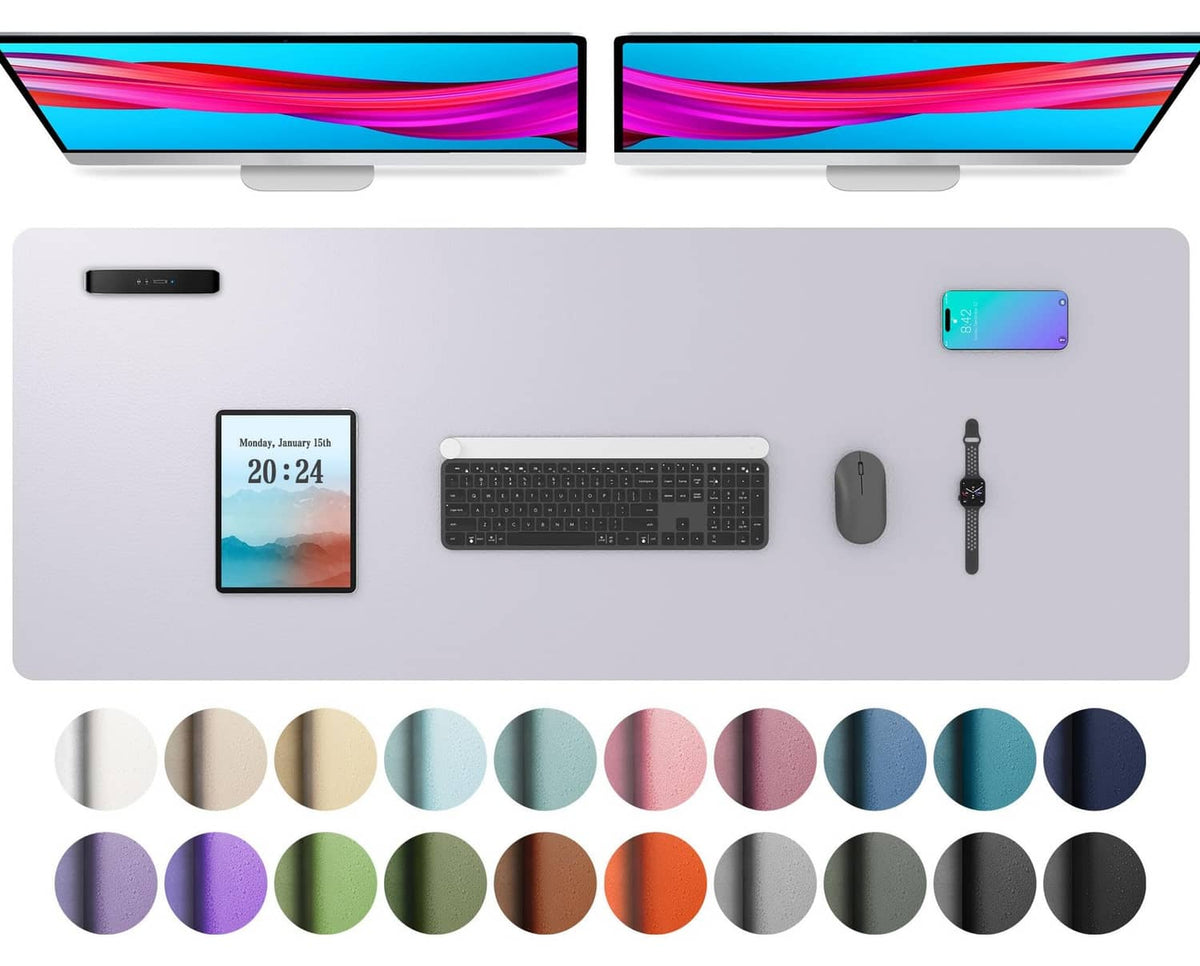 Smoky lavender PU leather desk pad protector with color swatch layout
