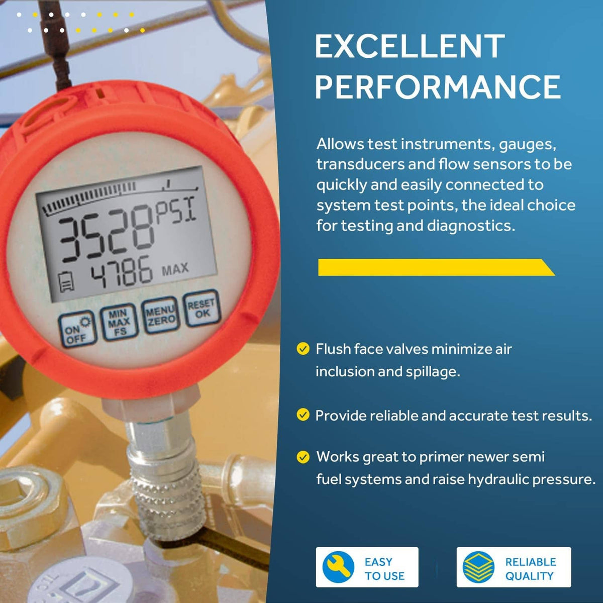 Red pressure gauge connected to silver diagnostic test port quick coupler with knurled grip