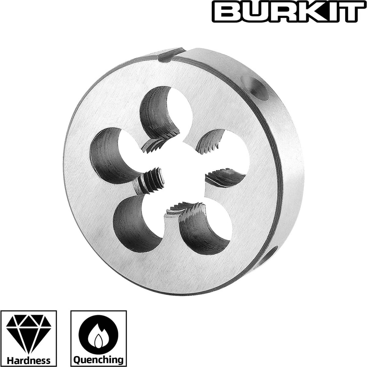 Round threading die with multiple thread-cutting sections, silver finish, BURKIT logo