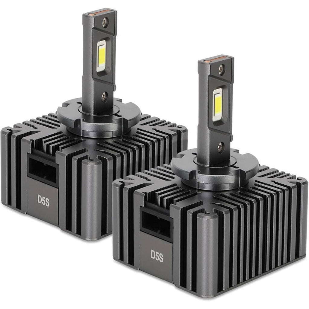 D5S LED headlight bulb set with two black aluminum heat sinks and LED modules