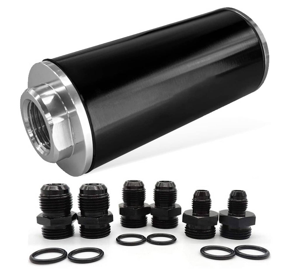 Inline fuel filter with black canister and silver end caps, universal cleanable design.