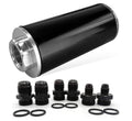 Inline fuel filter with black canister and silver end caps, universal cleanable design.
