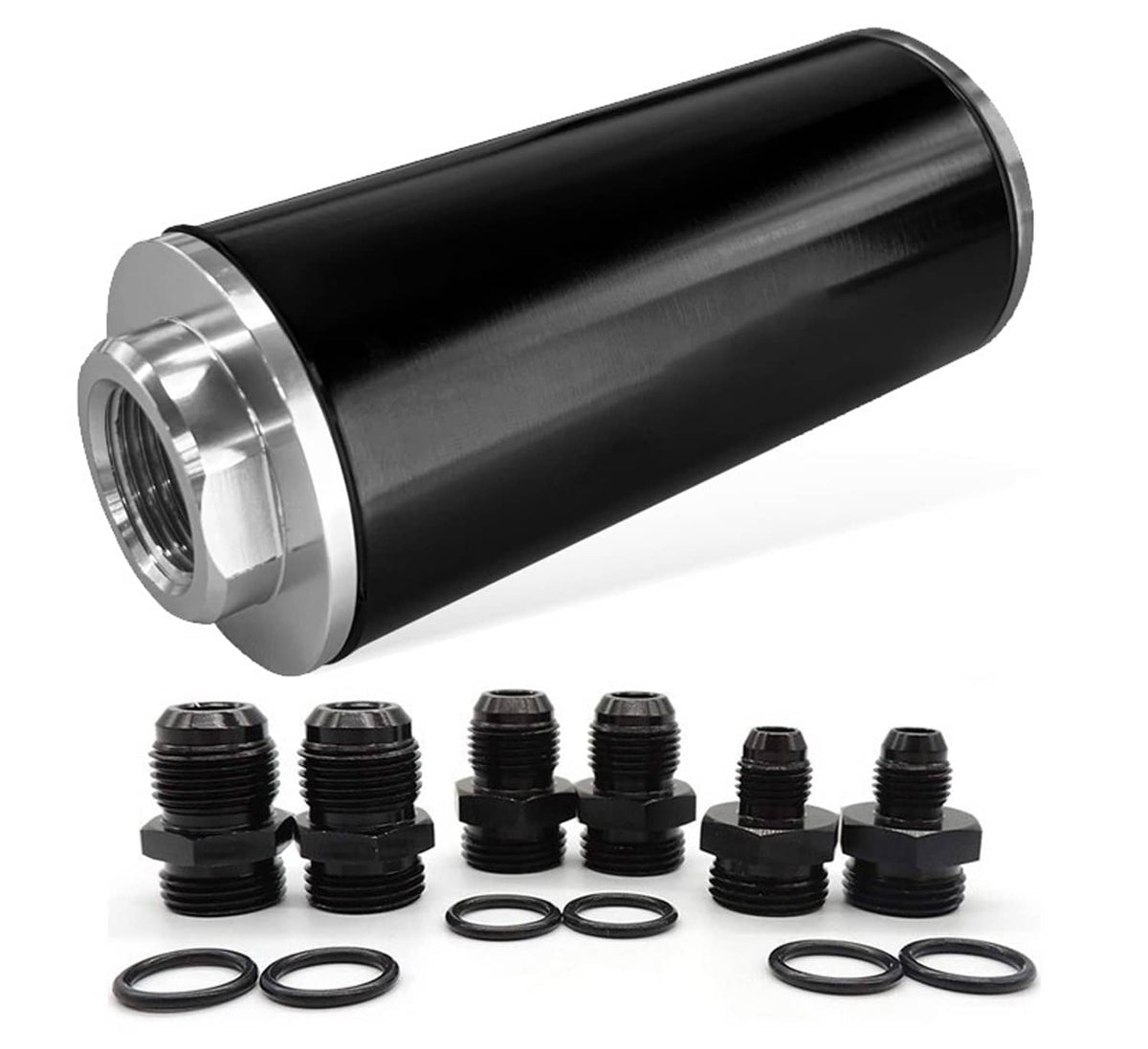 Inline fuel filter with black canister and silver end caps, universal cleanable design.