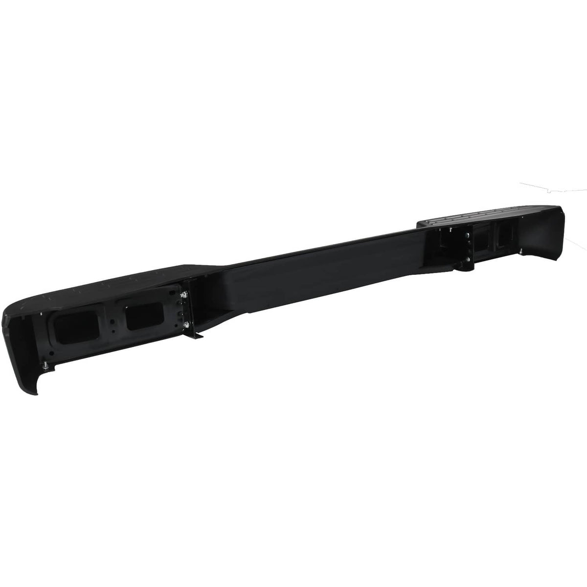 Black rear step bumper assembly with cutout slots and mounting brackets