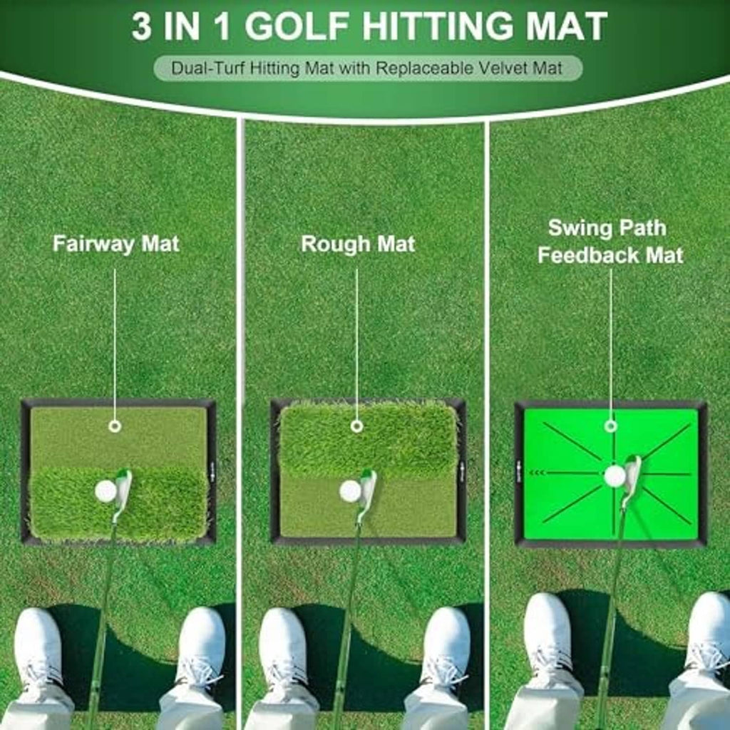3-in-1 golf hitting mat with green fairway, rough, and swing-path feedback sections