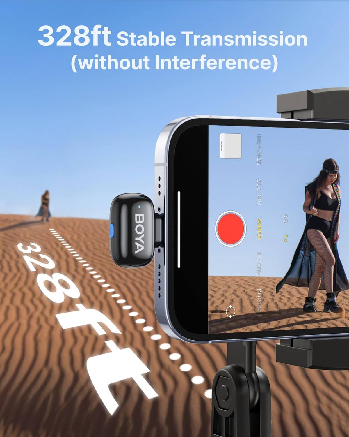 BOYA wireless microphone receiver with clip-on transmitter, black, showing signal strength