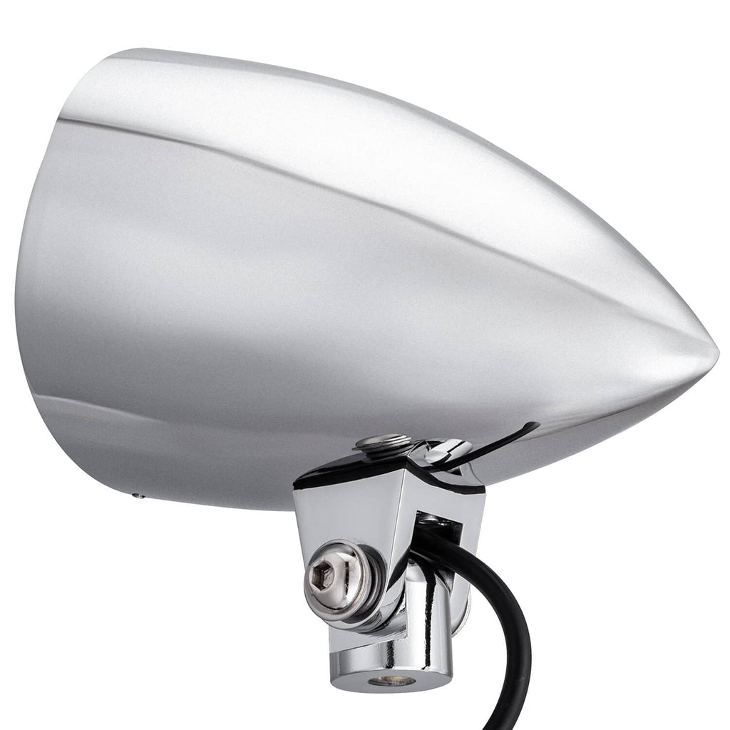Chrome LED bullet headlight side profile with black cable and metal bracket