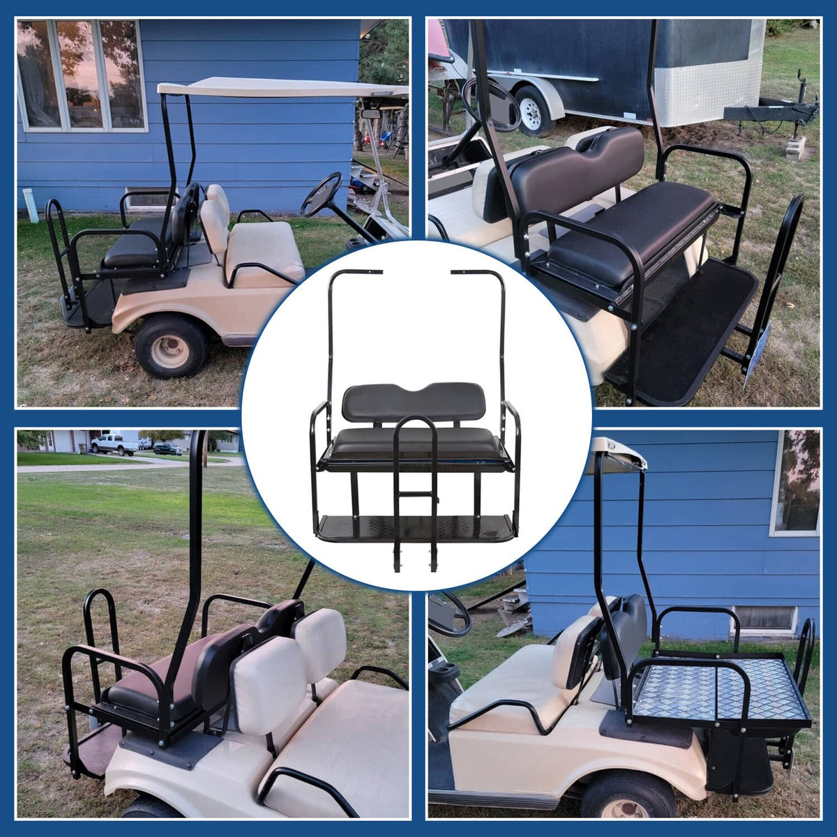 Golf cart rear flip seat kit with black cushions, side safety bars, and cargo platform