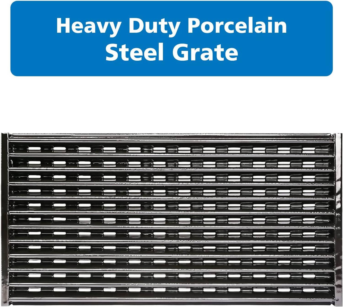Heavy duty porcelain steel grill grate with dense bar grid, black finish