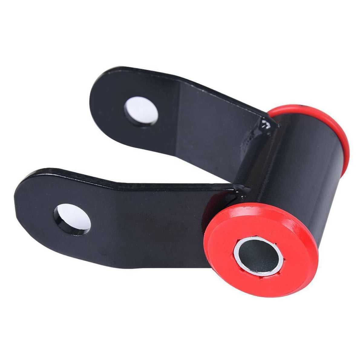 Rear shackle lift bracket with black straps and red pivot bushing