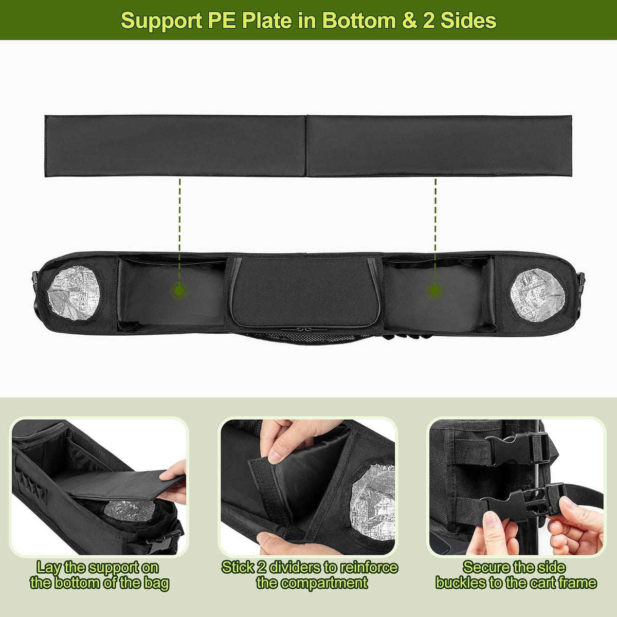 Black golf cart storage tray base with PE plate support and two side reinforcement panels