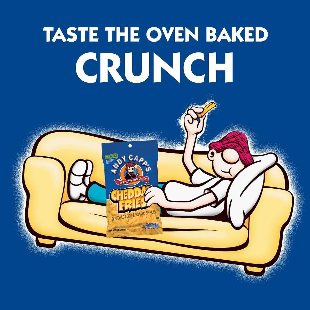 Andy Capp's Cheddar Fries snack bag on illustrated couch with taste the oven baked crunch text