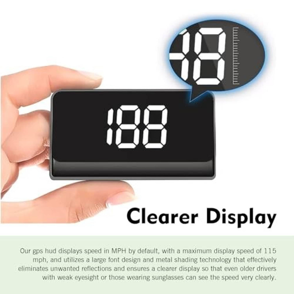 Car heads-up display speedometer held in hand, showing large white 108 digits