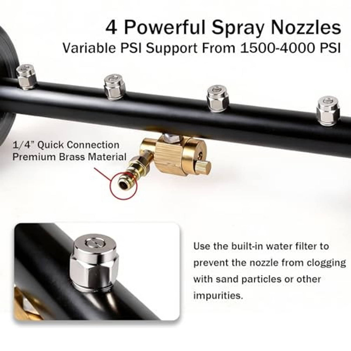 Undercarriage washer with brass quick-connect and multiple spray nozzles on black bar