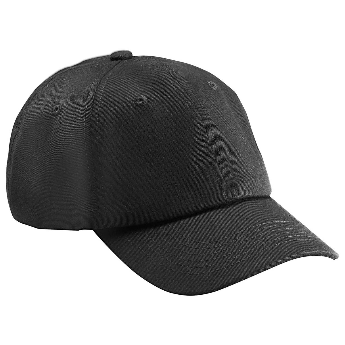 Plain black baseball cap, side angle, curved brim with small eyelets